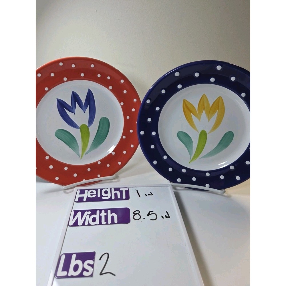 Pair Present Tense Coqutte Salad Plates Tulips‎ Polka Dots Handpainted  Red Blue
